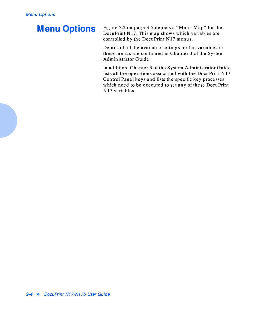 Xerox manual Menu Options, DocuPrint N17/N17b User Guide 