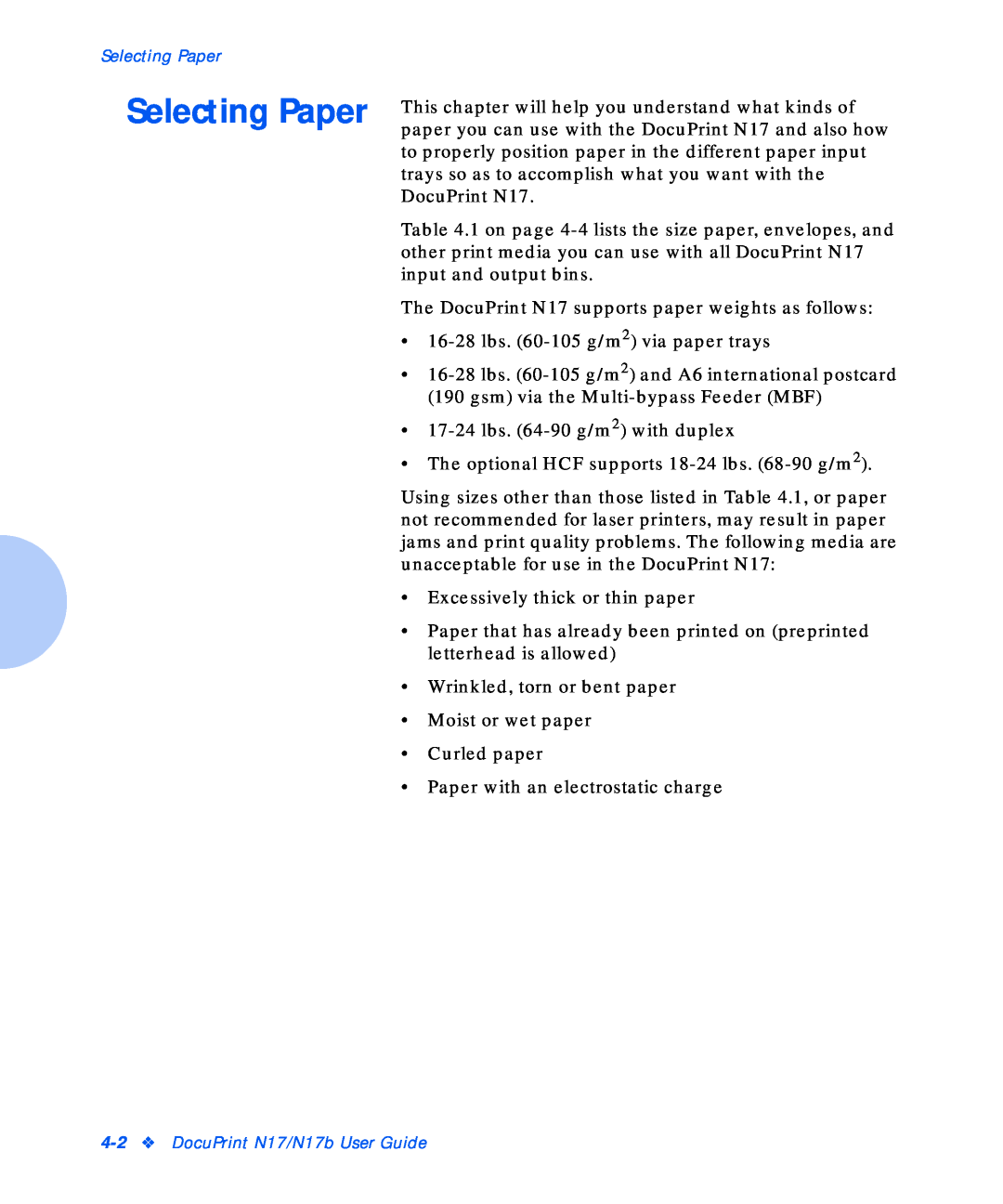 Xerox N17b manual Selecting Paper 