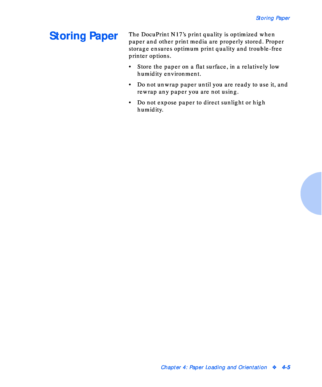 Xerox N17b manual Storing Paper 