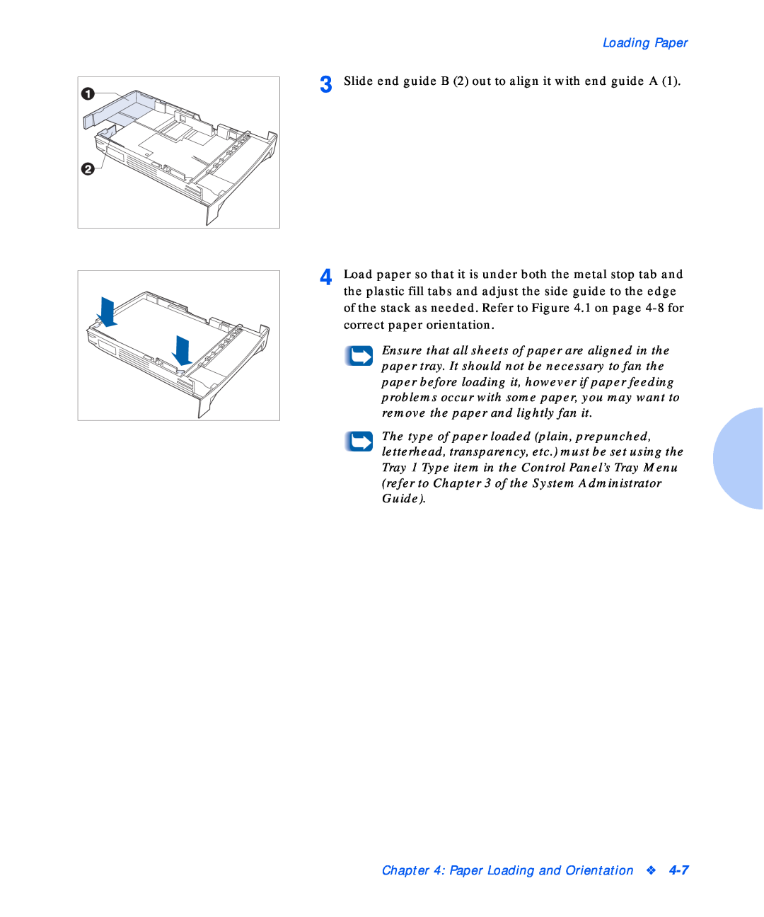 Xerox N17b manual Loading Paper, Slide end guide B 2 out to align it with end guide A, Paper Loading and Orientation 