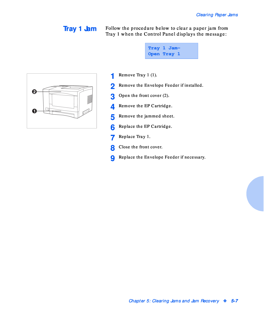 Xerox N17b manual Tray 1 Jam Open Tray, Clearing Paper Jams, Clearing Jams and Jam Recovery 