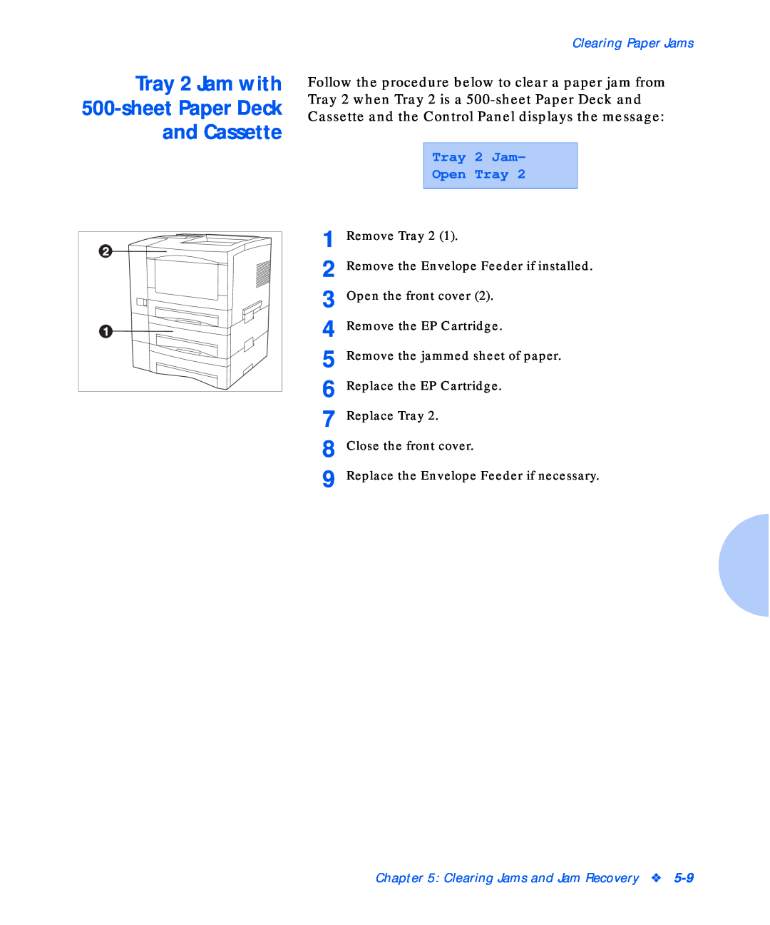 Xerox N17b manual Tray 2 Jam with 500-sheetPaper Deck and Cassette, Tray 2 Jam Open Tray, Clearing Paper Jams 