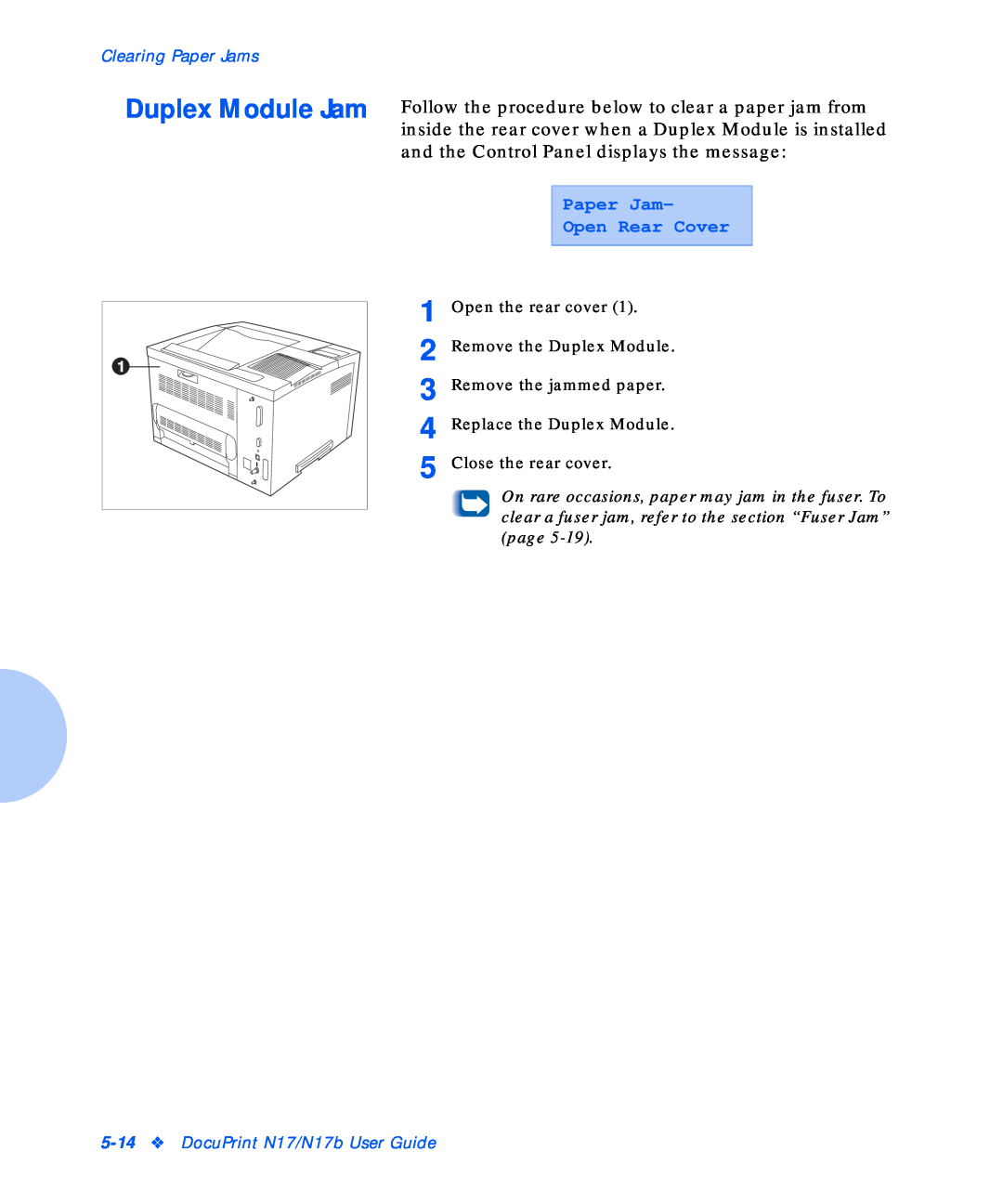 Xerox manual Duplex Module Jam, Paper Jam Open Rear Cover, Clearing Paper Jams, DocuPrint N17/N17b User Guide 