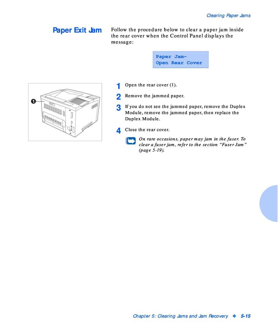 Xerox N17b manual Paper Exit Jam, message, Clearing Jams and Jam Recovery, Clearing Paper Jams 