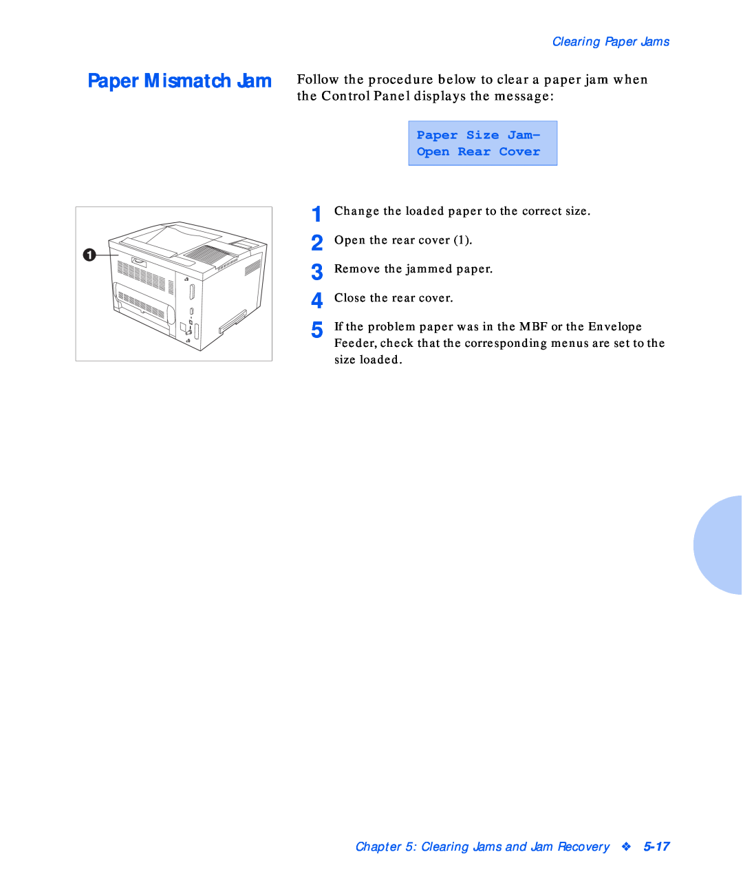 Xerox N17b manual Paper Size Jam Open Rear Cover, Clearing Paper Jams, Clearing Jams and Jam Recovery 