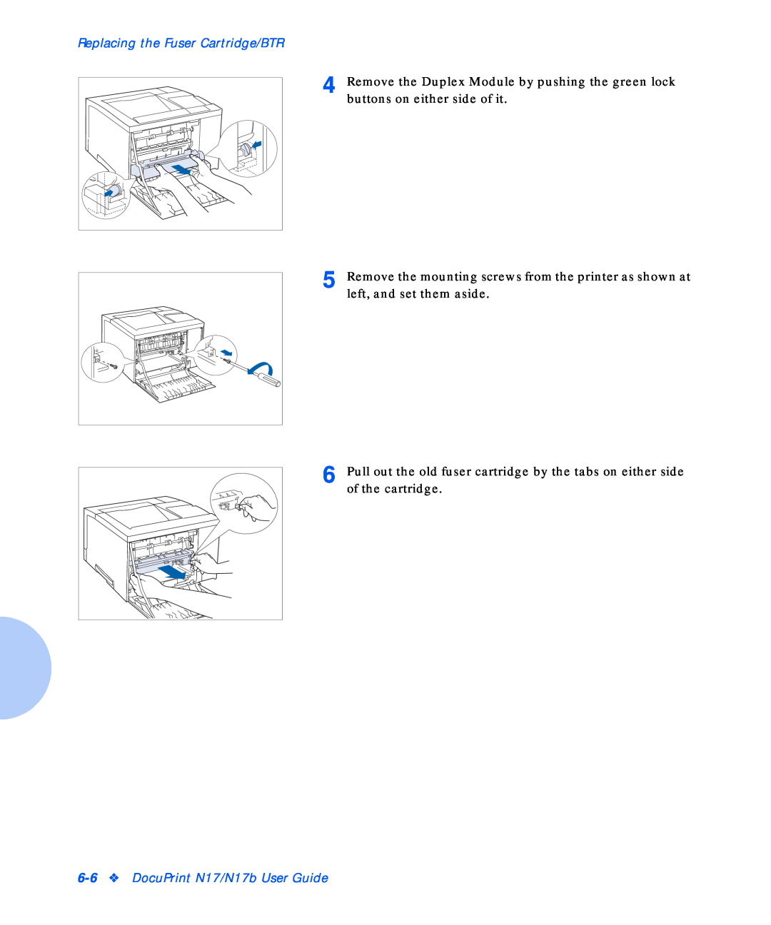 Xerox manual Replacing the Fuser Cartridge/BTR, DocuPrint N17/N17b User Guide 