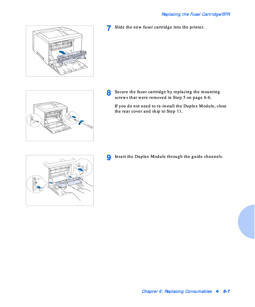 Xerox N17b manual Replacing the Fuser Cartridge/BTR, Slide the new fuser cartridge into the printer, Replacing Consumables 