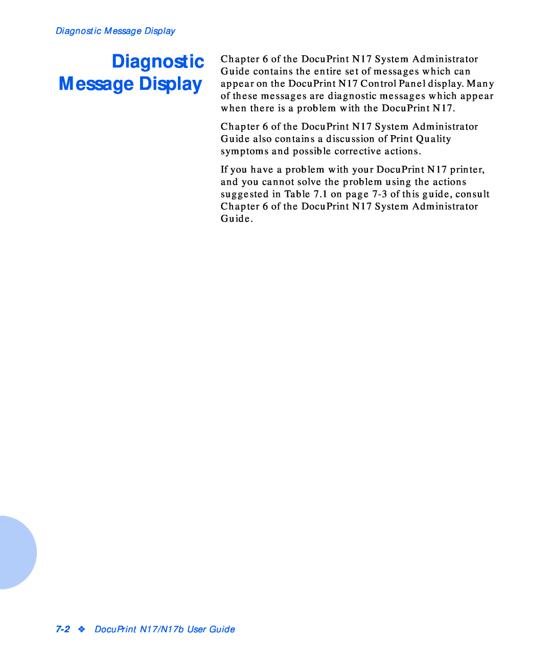 Xerox manual Diagnostic Message Display, DocuPrint N17/N17b User Guide 