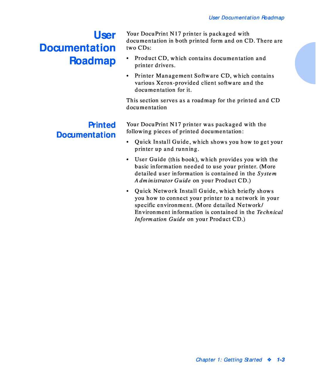 Xerox N17b manual User Documentation Roadmap, Printed Documentation 