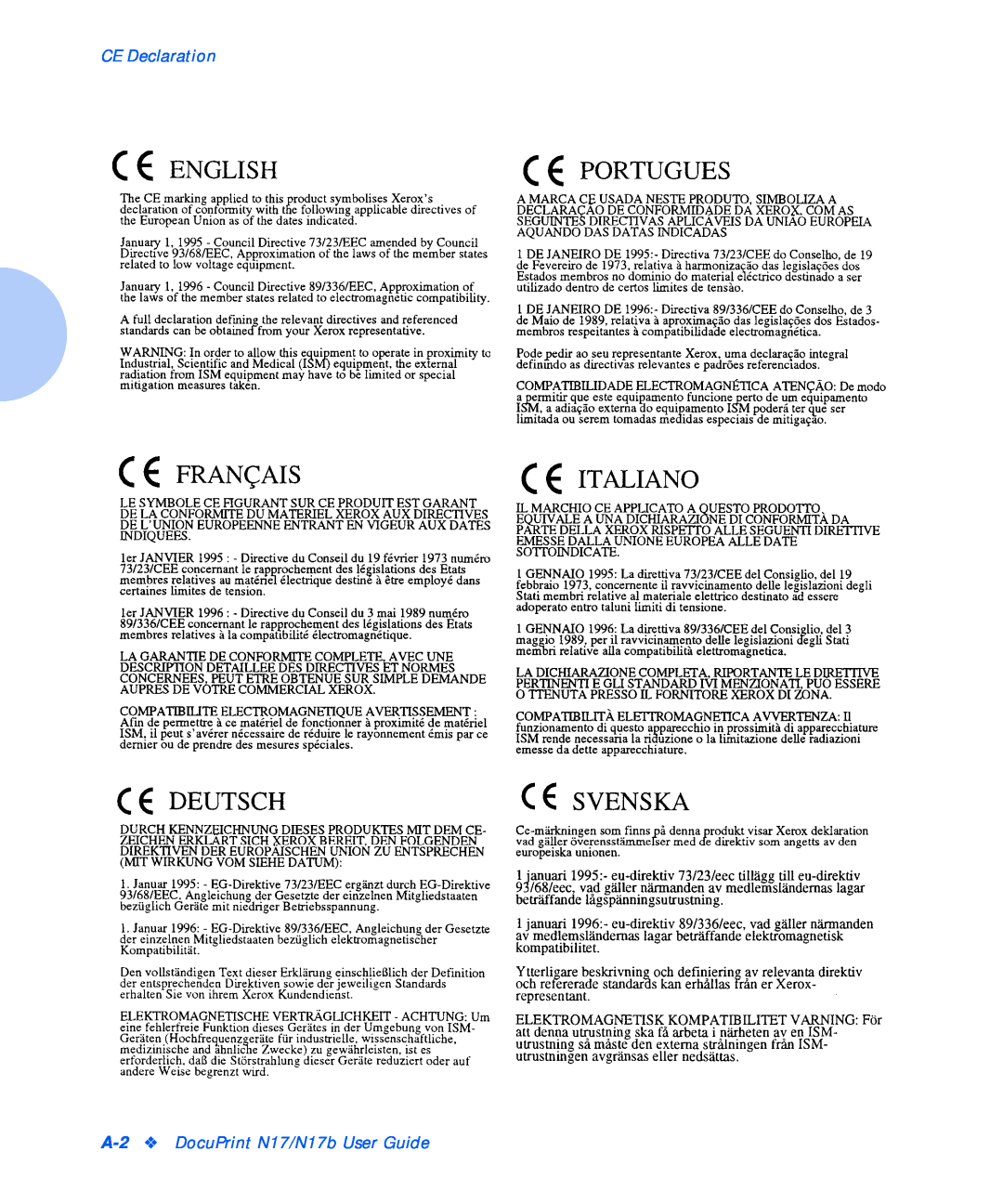 Xerox manual CE Declaration, A-2 DocuPrint N17/N17b User Guide 