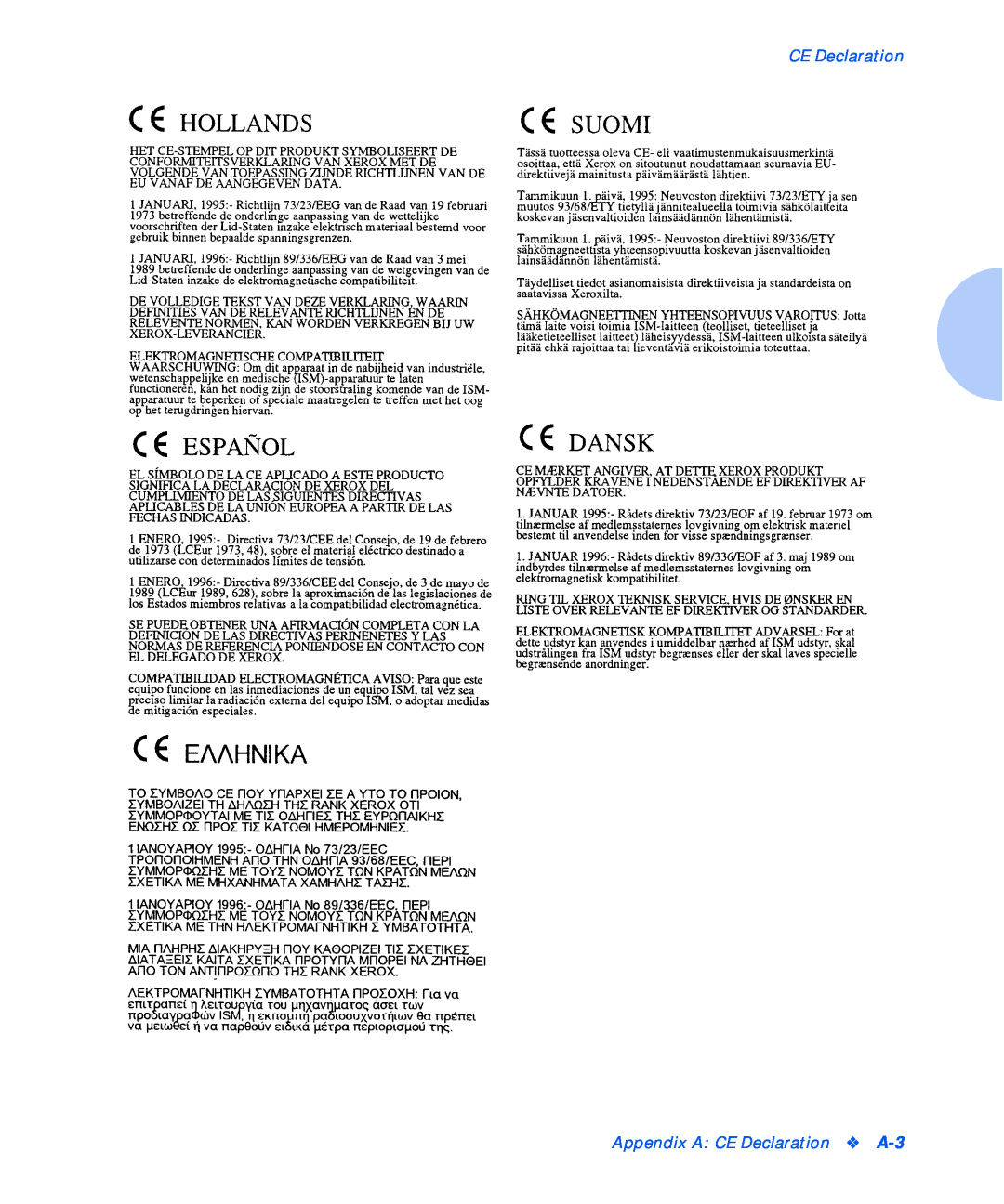 Xerox N17b manual Appendix A CE Declaration A-3 