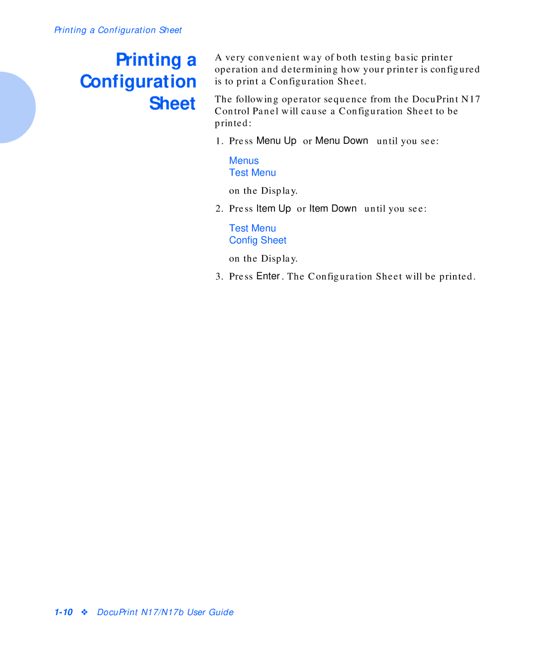 Xerox N17b manual Printing a Configuration Sheet, Menus Test Menu, Test Menu Config Sheet 