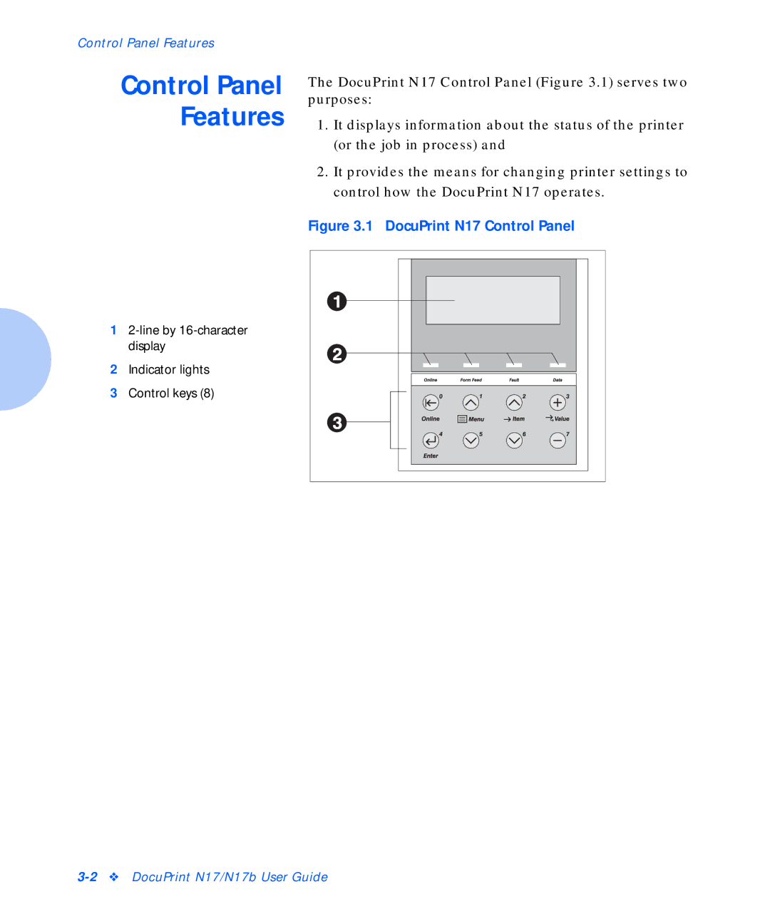 Xerox N17b manual Control Panel Features 