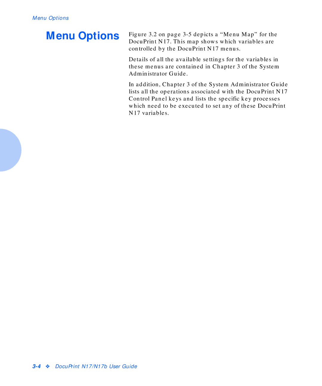 Xerox N17b manual Menu Options 