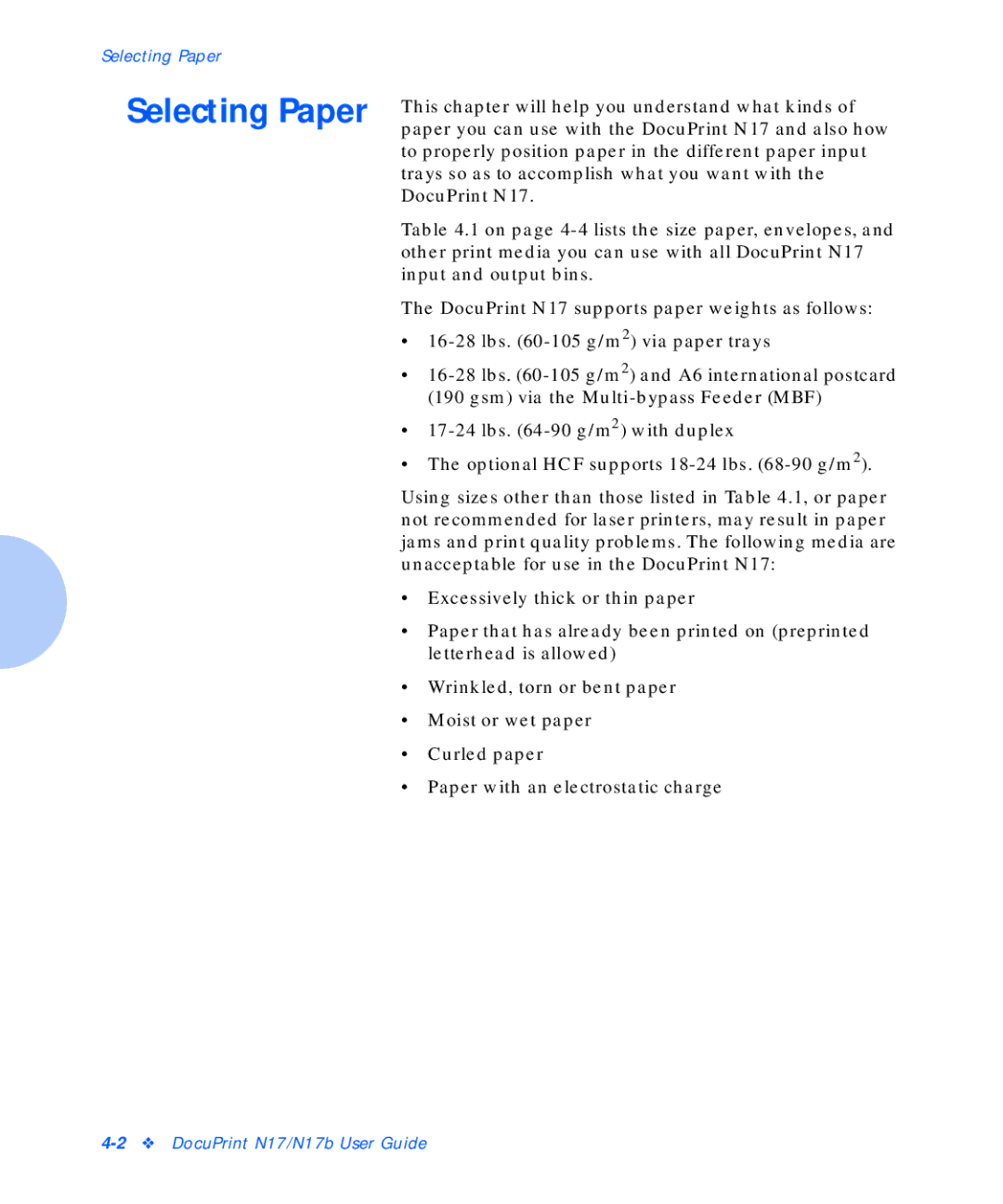 Xerox N17b manual Selecting Paper 