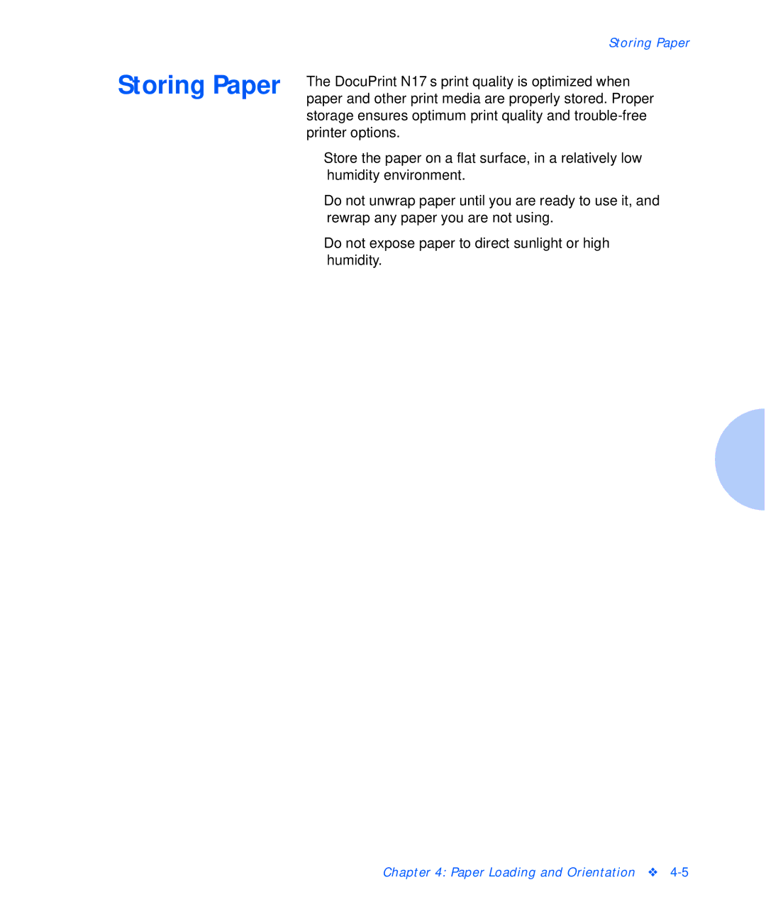 Xerox N17b manual Storing Paper 