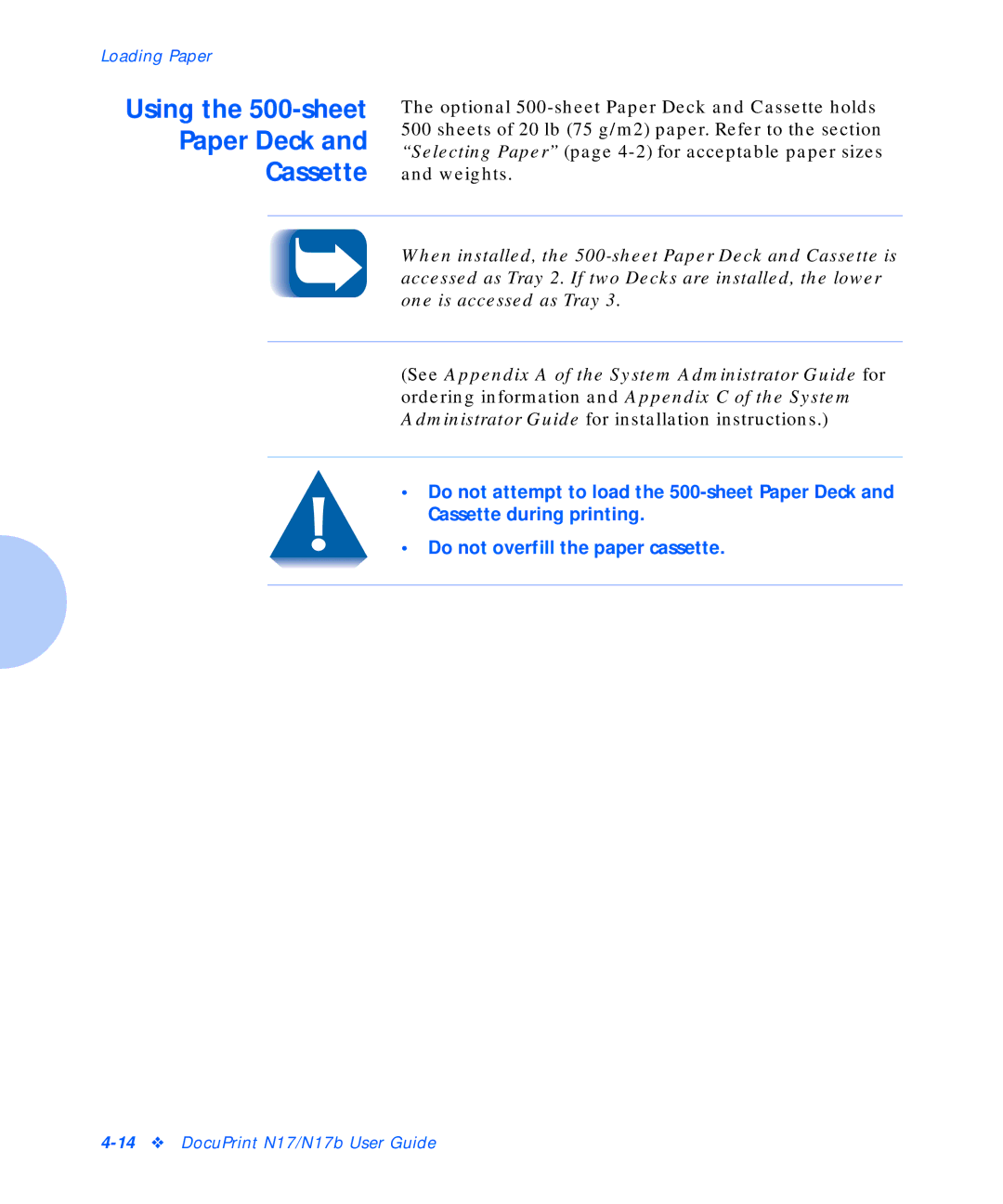 Xerox N17b manual Using the 500-sheet, Paper Deck, Cassette 