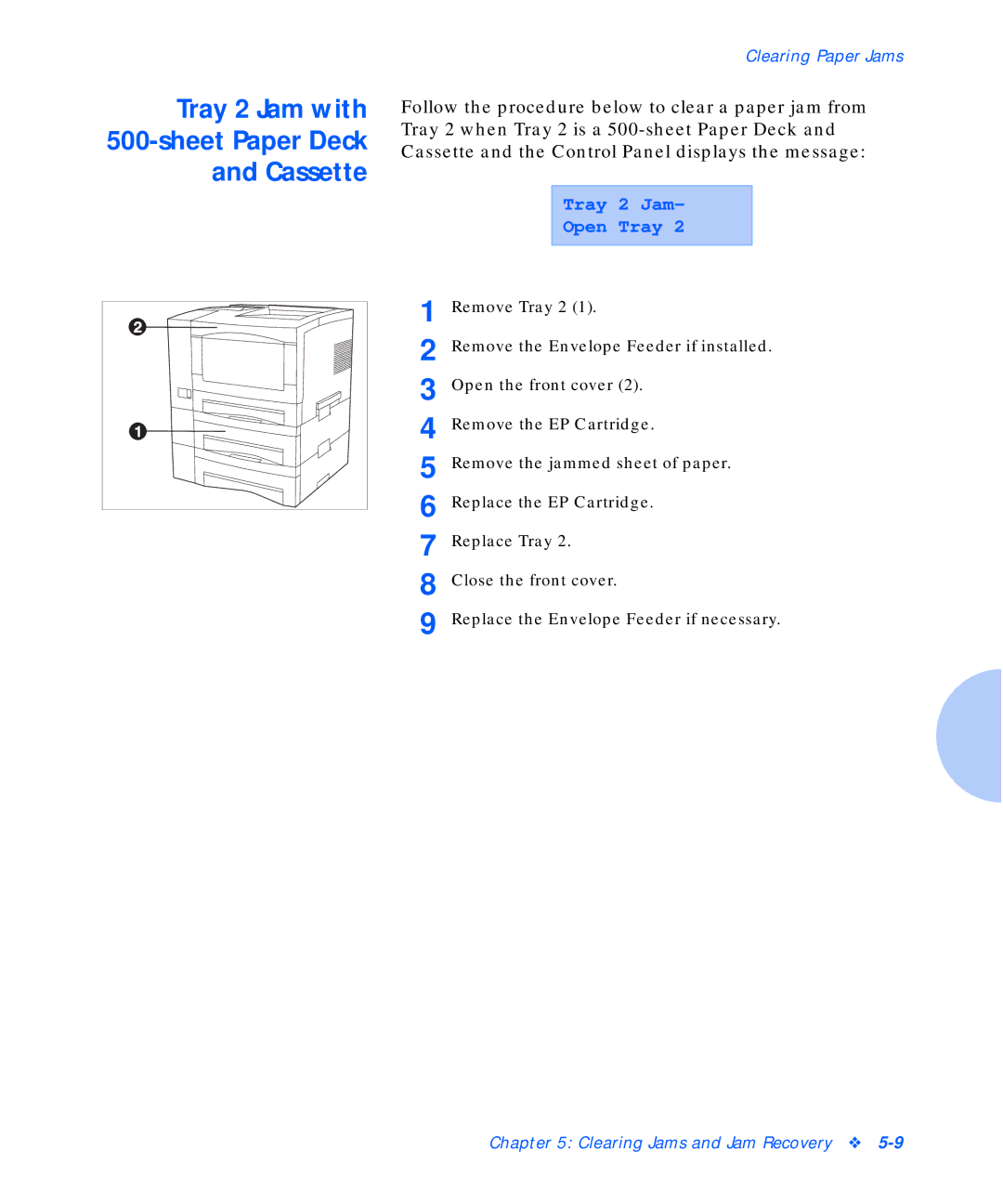 Xerox N17b manual Tray 2 Jam with 500-sheet Paper Deck and Cassette, Tray 2 Jam Open Tray 