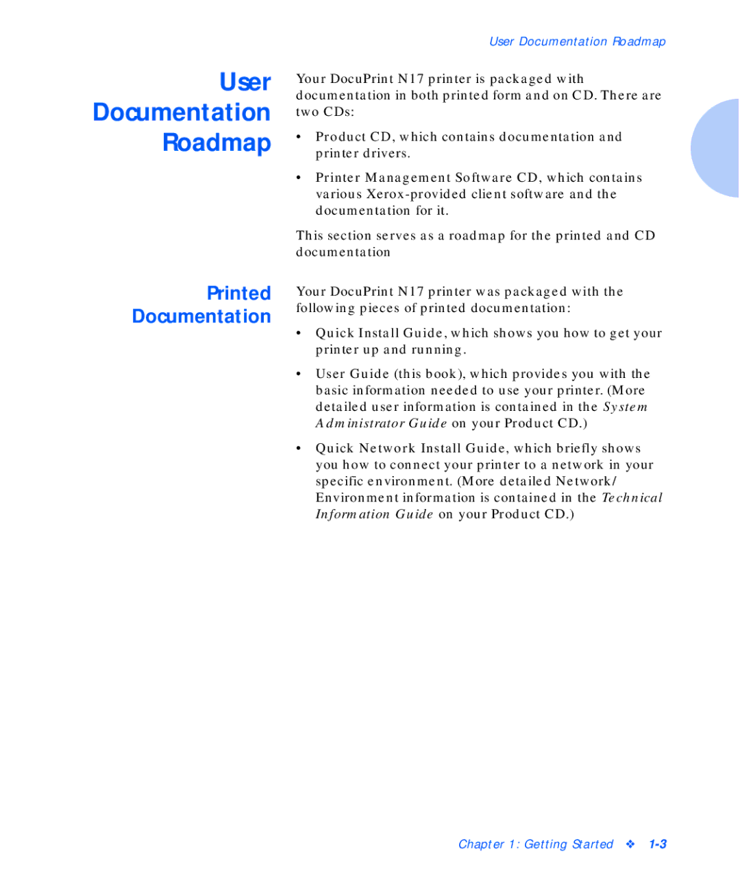 Xerox N17b manual User Documentation Roadmap, Printed Documentation 