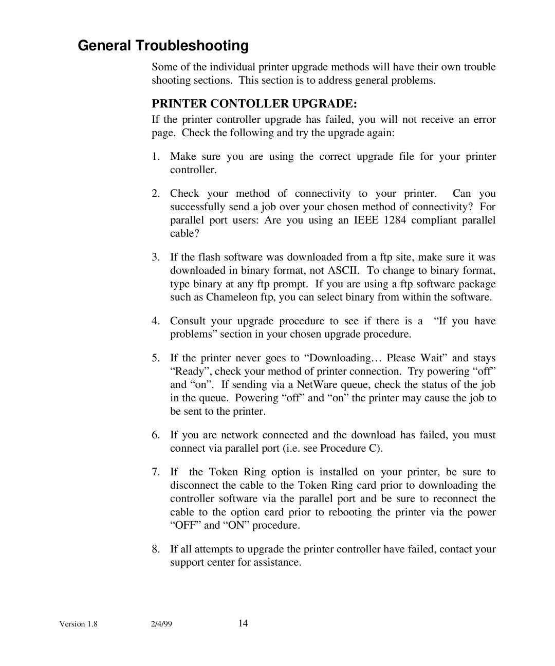 Xerox N17 manual General Troubleshooting, Printer Contoller Upgrade 