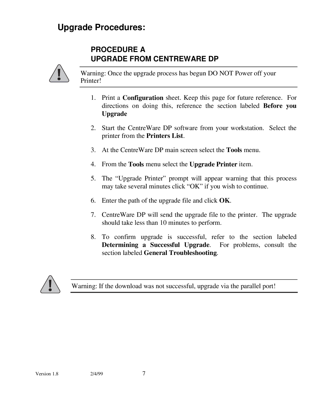 Xerox N17 manual Upgrade Procedures, Procedure a Upgrade from Centreware DP 