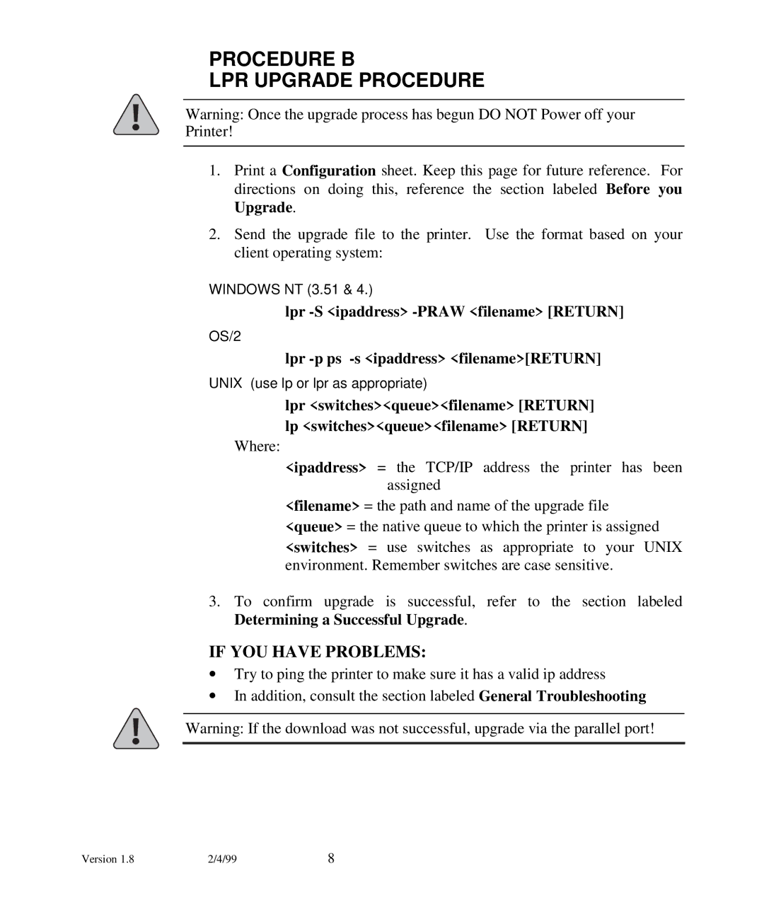 Xerox N17 Procedure B LPR Upgrade Procedure, Lpr -S ipaddress -PRAW filename Return, Lpr -p ps -s ipaddress filenameRETURN 