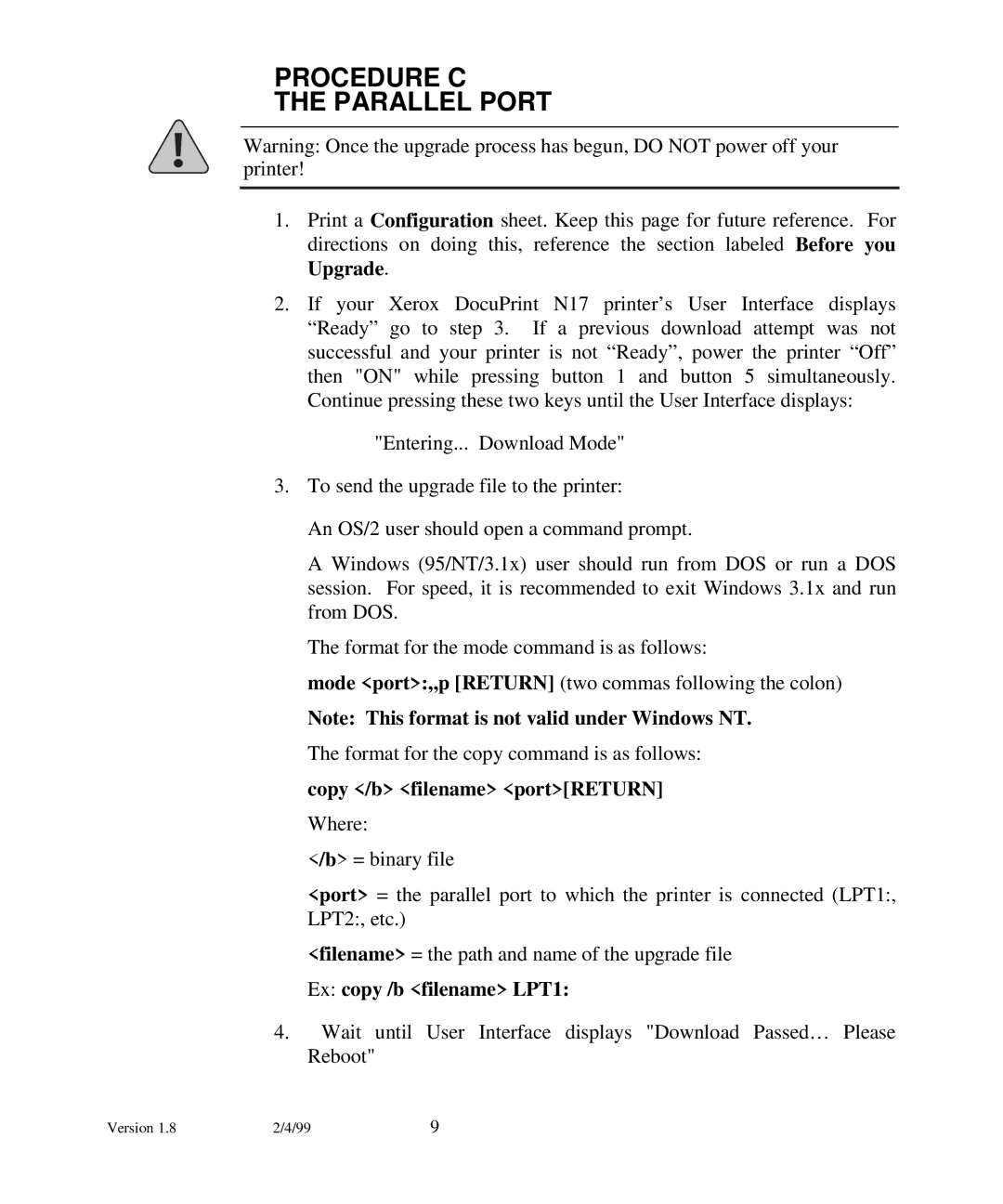 Xerox N17 manual Procedure C Parallel Port 