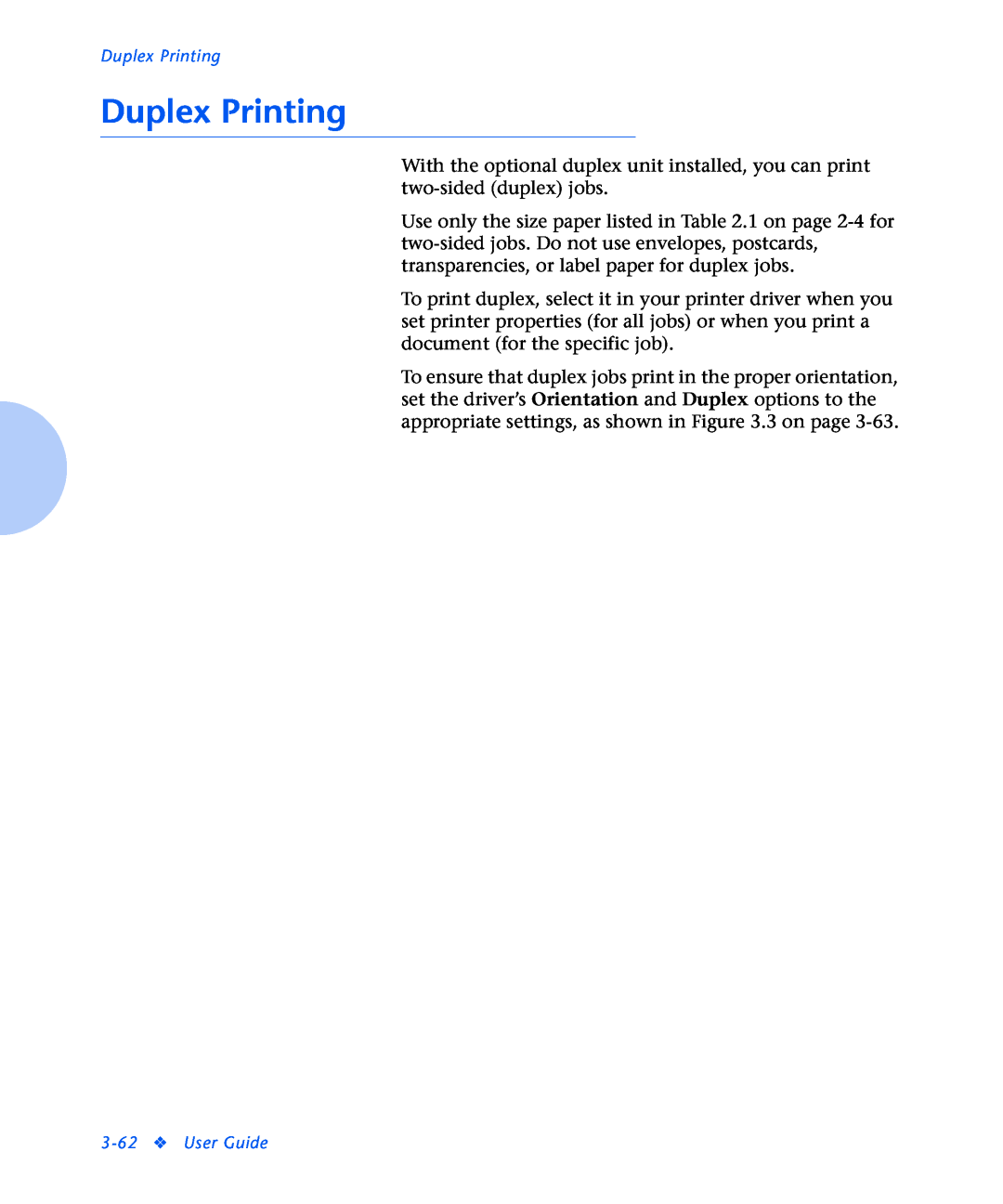Xerox N2125 manual Duplex Printing, User Guide 