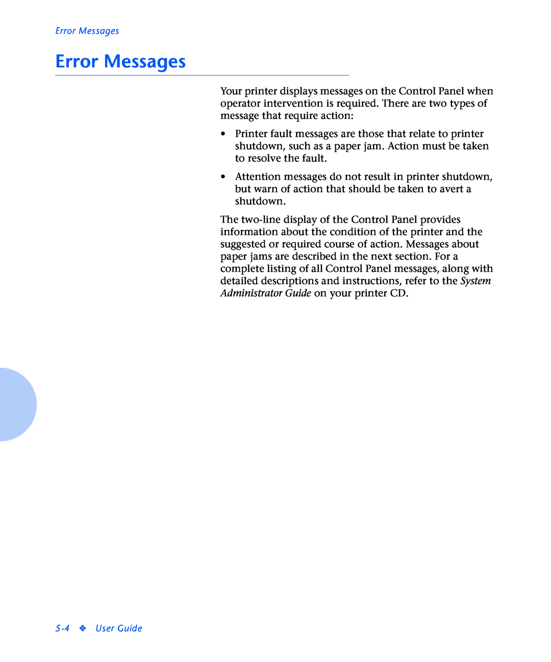 Xerox N2125 manual Error Messages, User Guide 
