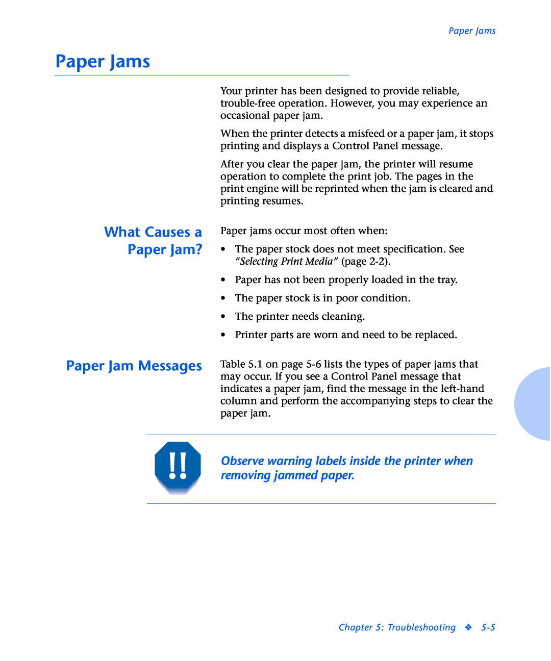 Xerox N2125 manual Paper Jams, What Causes a Paper Jam? Paper Jam Messages 