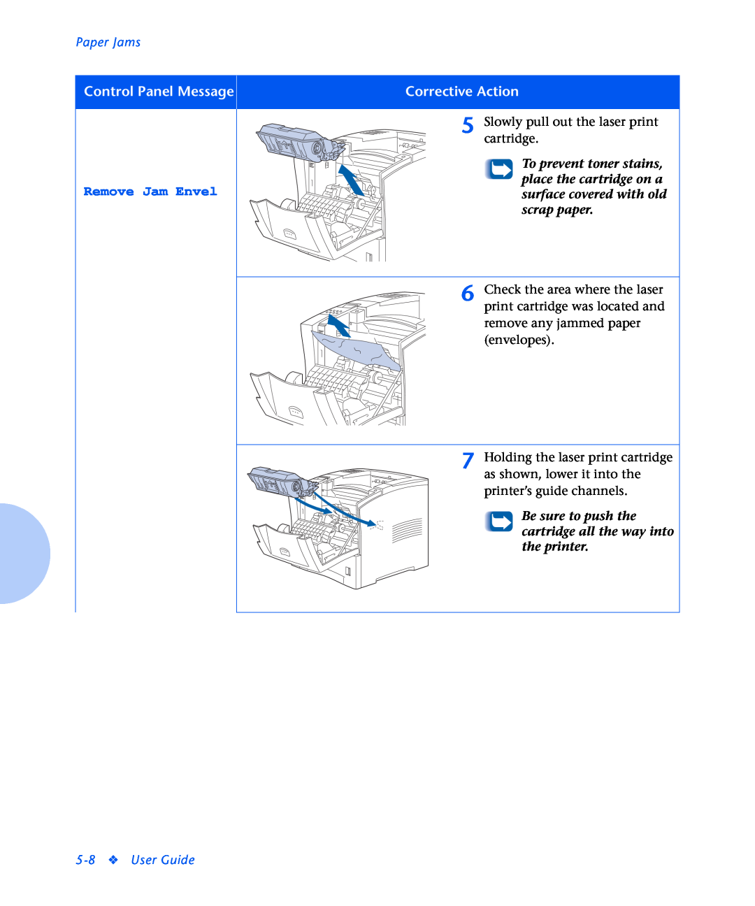 Xerox N2125 manual Remove Jam Envel, Paper Jams, Be sure to push the cartridge all the way into the printer, User Guide 