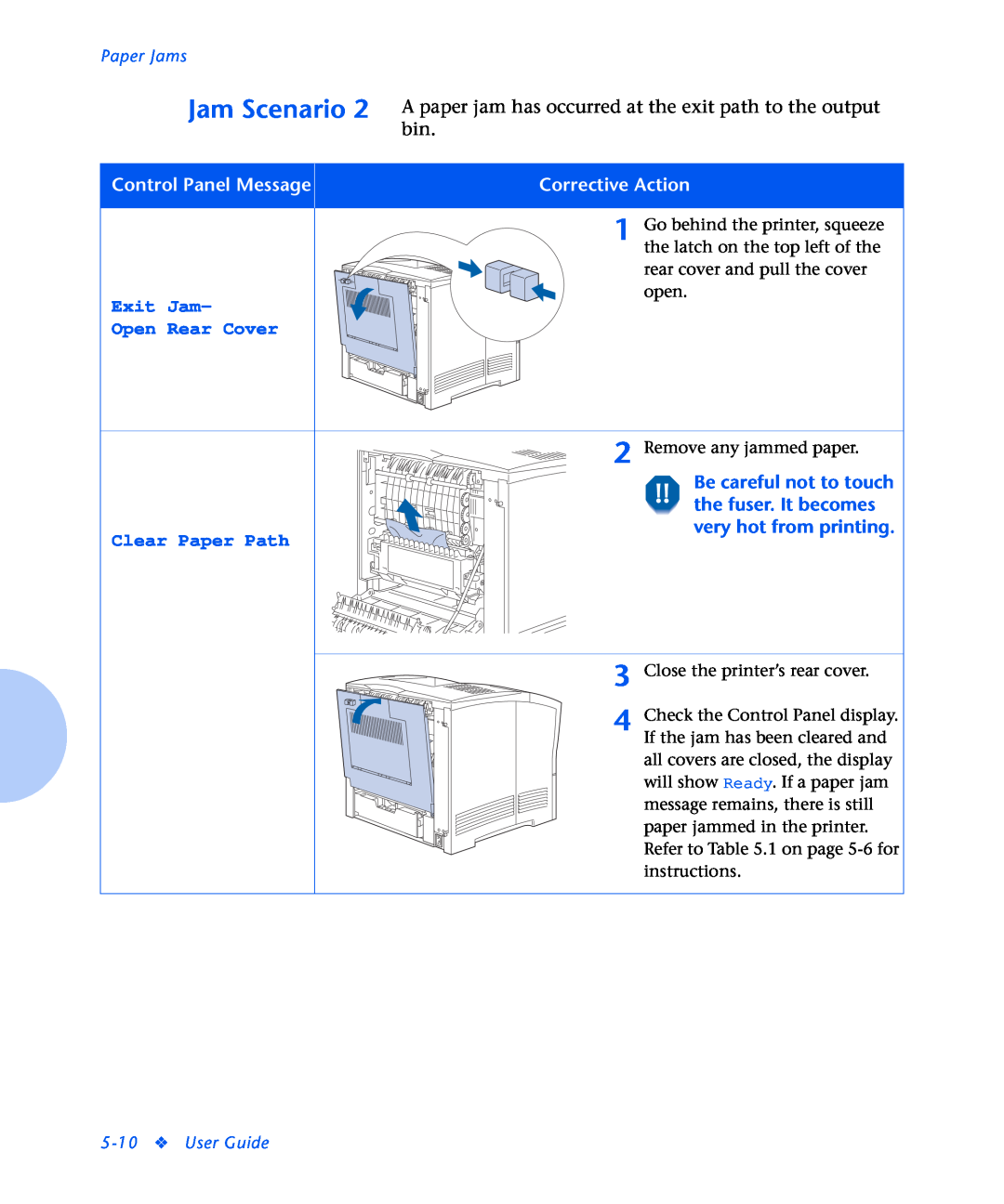 Xerox N2125 Be careful not to touch the fuser. It becomes very hot from printing, Jam Scenario, Paper Jams, User Guide 