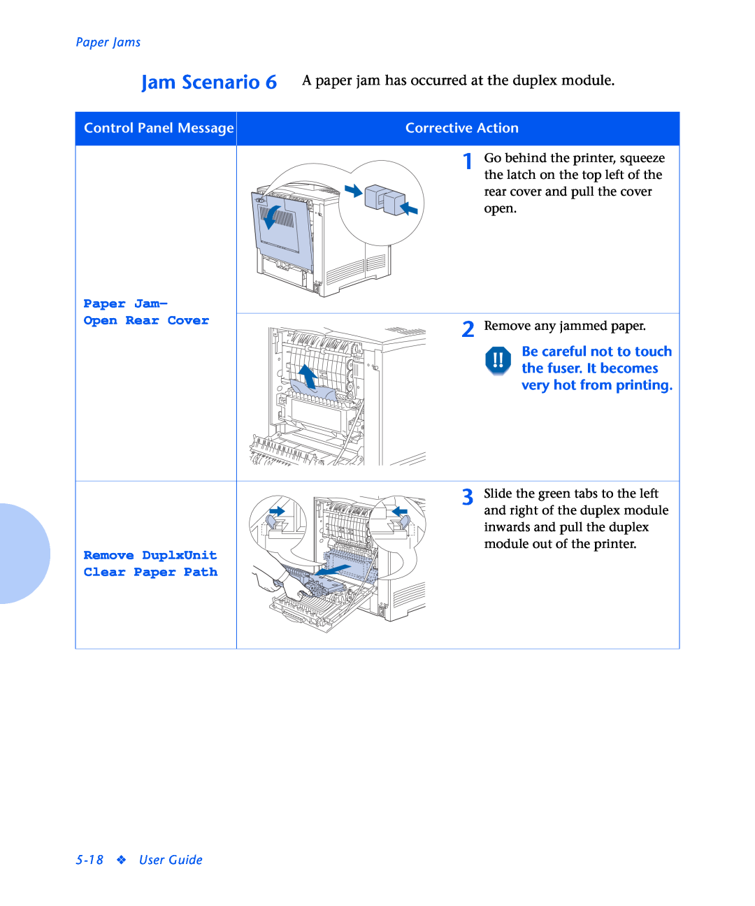 Xerox N2125 Jam Scenario, Be careful not to touch the fuser. It becomes very hot from printing, Paper Jams, User Guide 