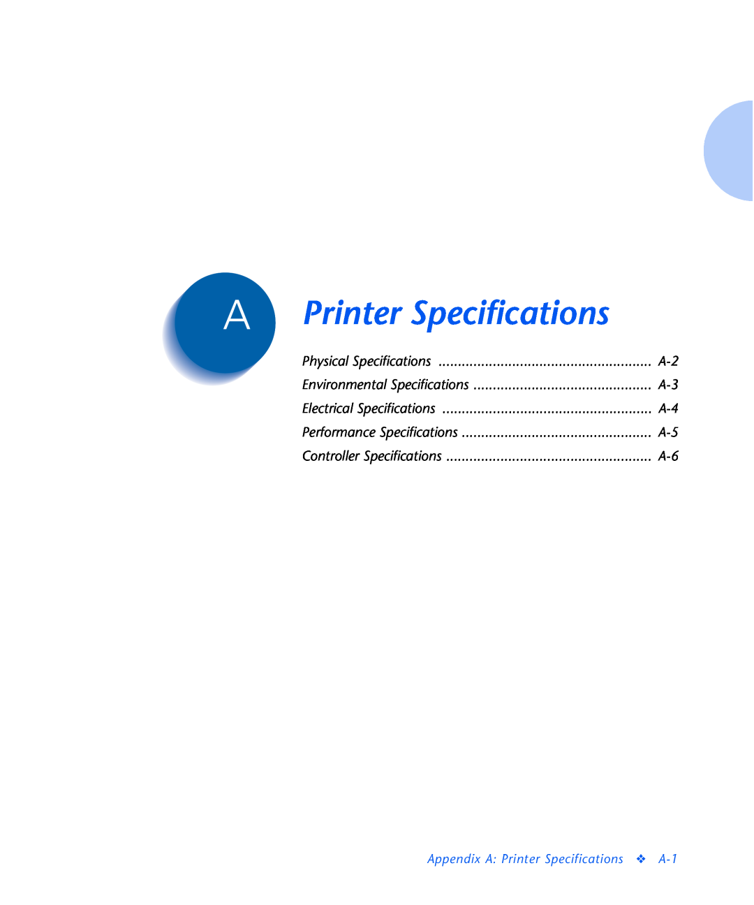 Xerox N2125 manual Appendix A Printer Specifications A-1 