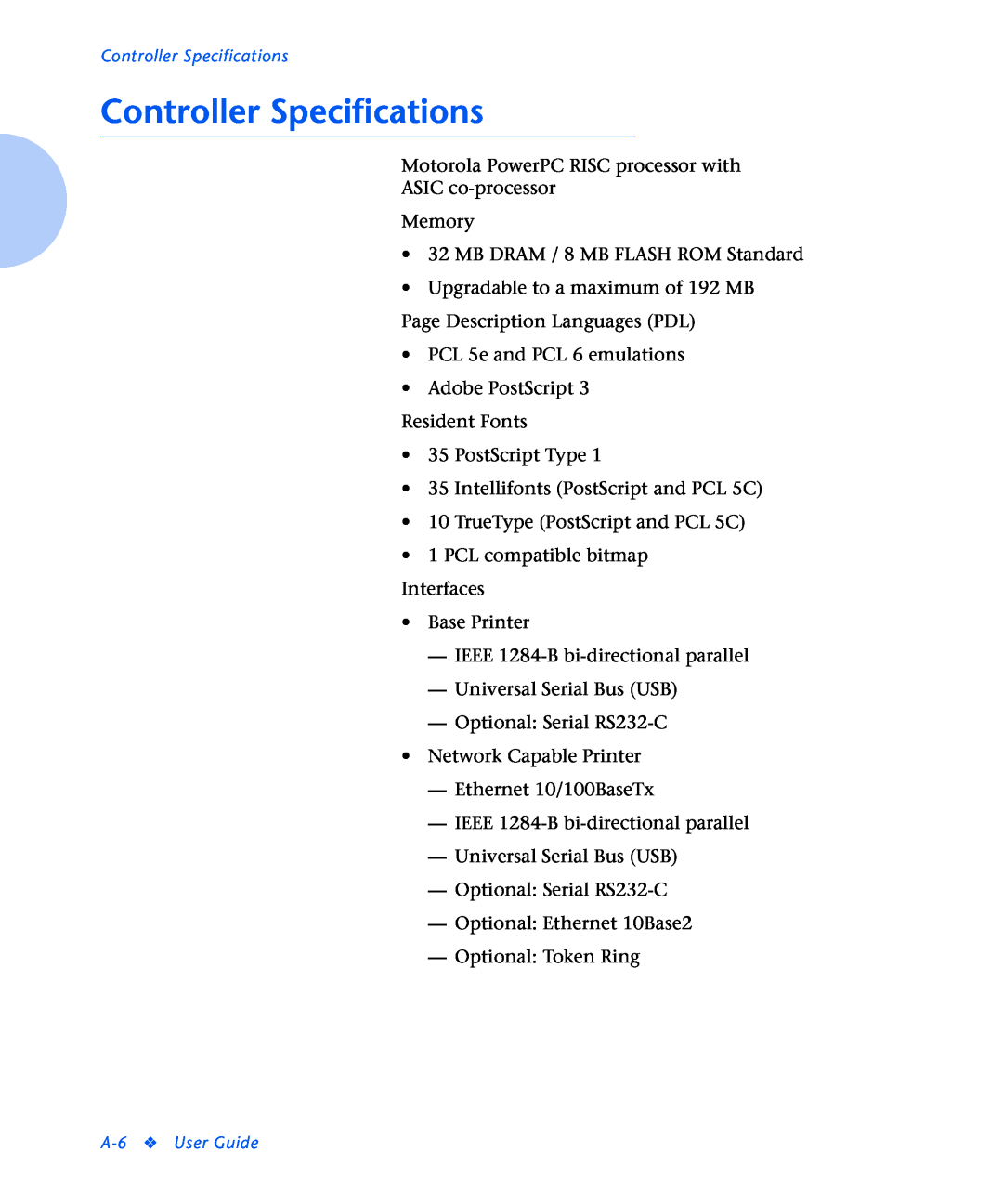 Xerox N2125 manual Controller Specifications 
