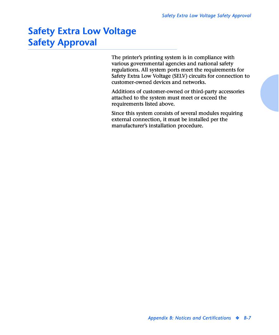 Xerox N2125 manual Safety Extra Low Voltage Safety Approval, Appendix B Notices and Certifications B-7 
