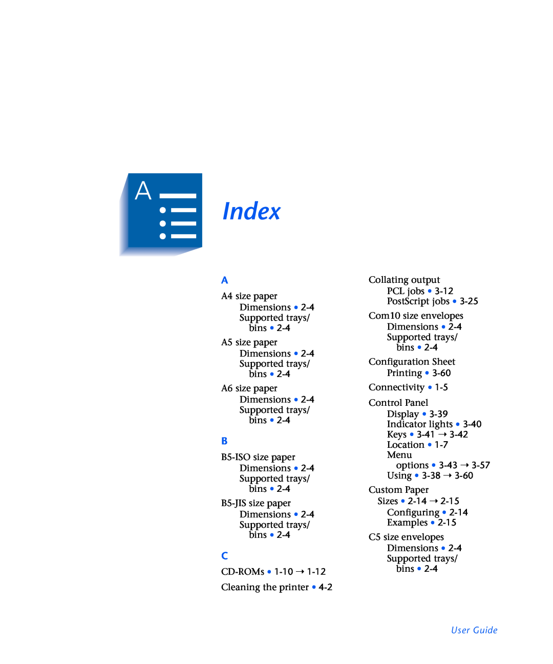 Xerox N2125 manual Index, User Guide 
