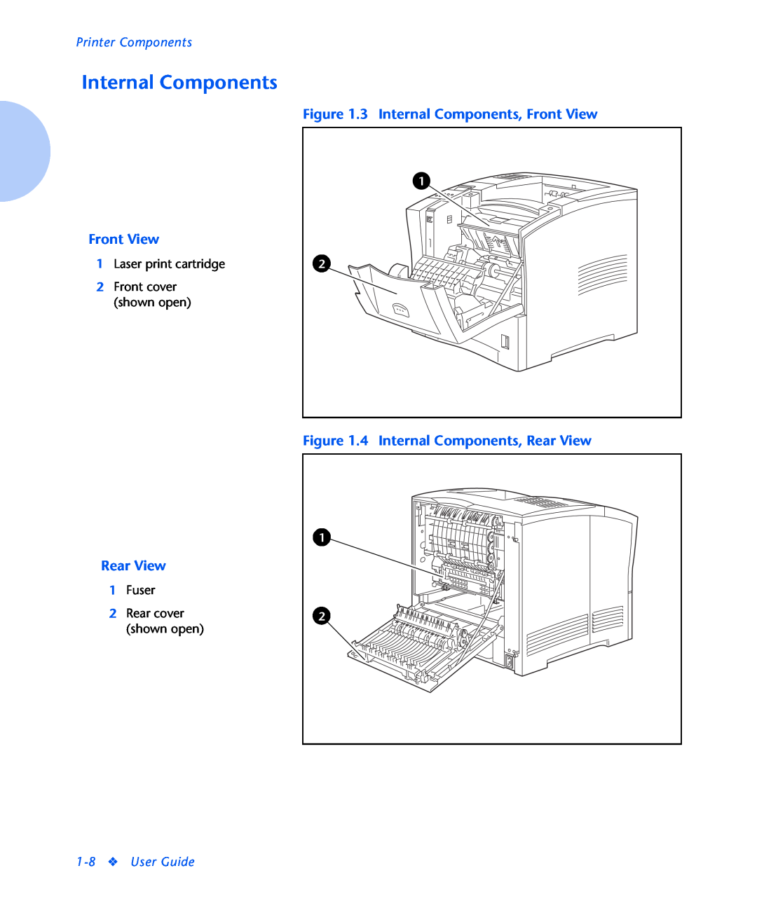 Xerox N2125 manual 3 Internal Components, Front View, 4 Internal Components, Rear View, Printer Components, User Guide 