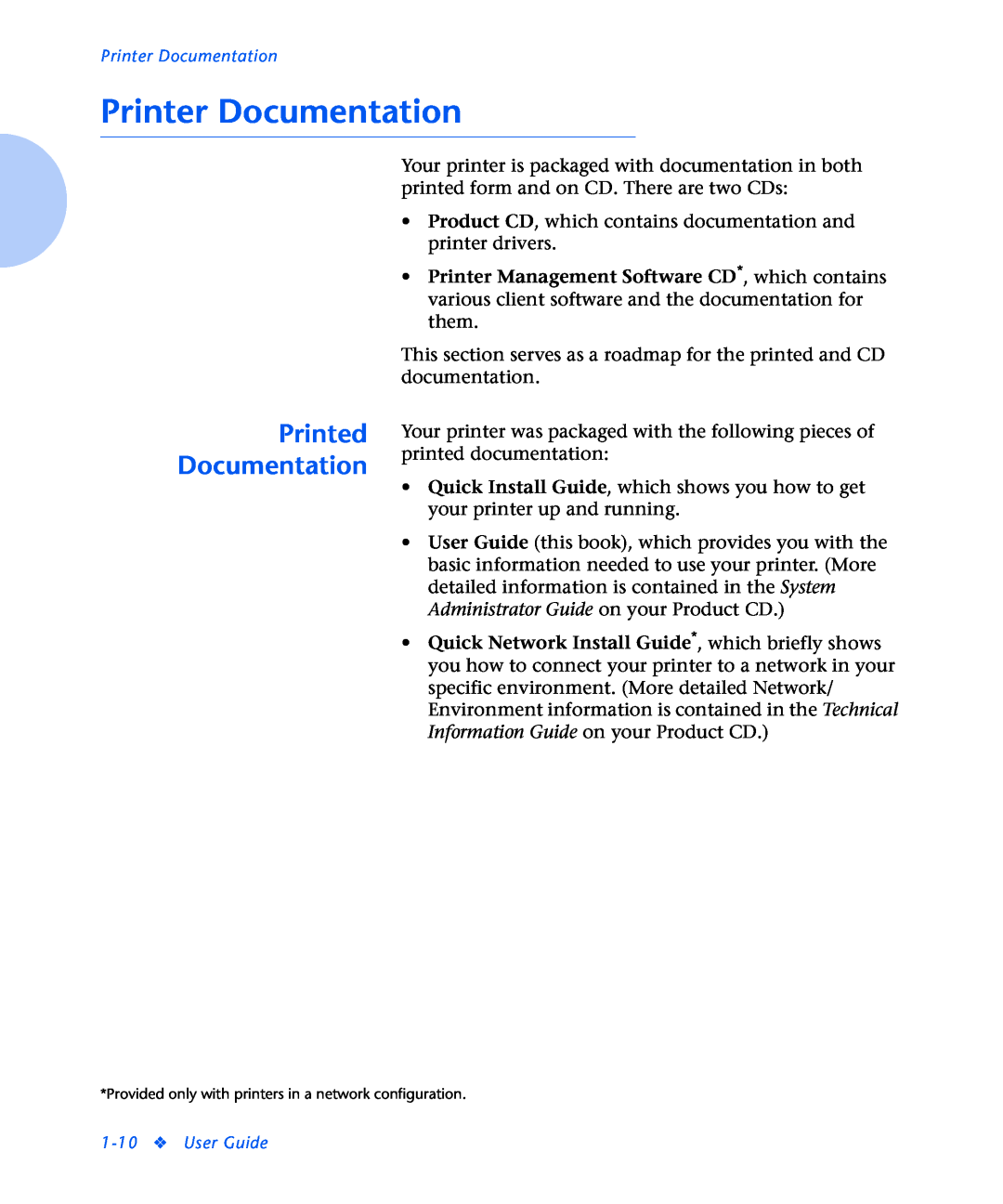 Xerox N2125 manual Printer Documentation, Printed Documentation 
