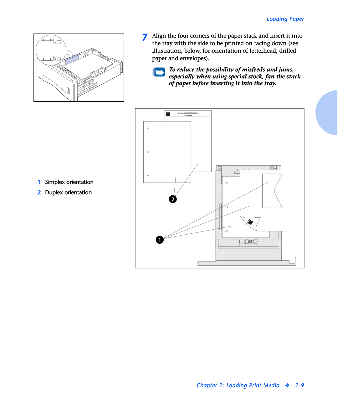 Xerox N2125 manual Simplex orientation 2 Duplex orientation, Loading Paper, Loading Print Media 
