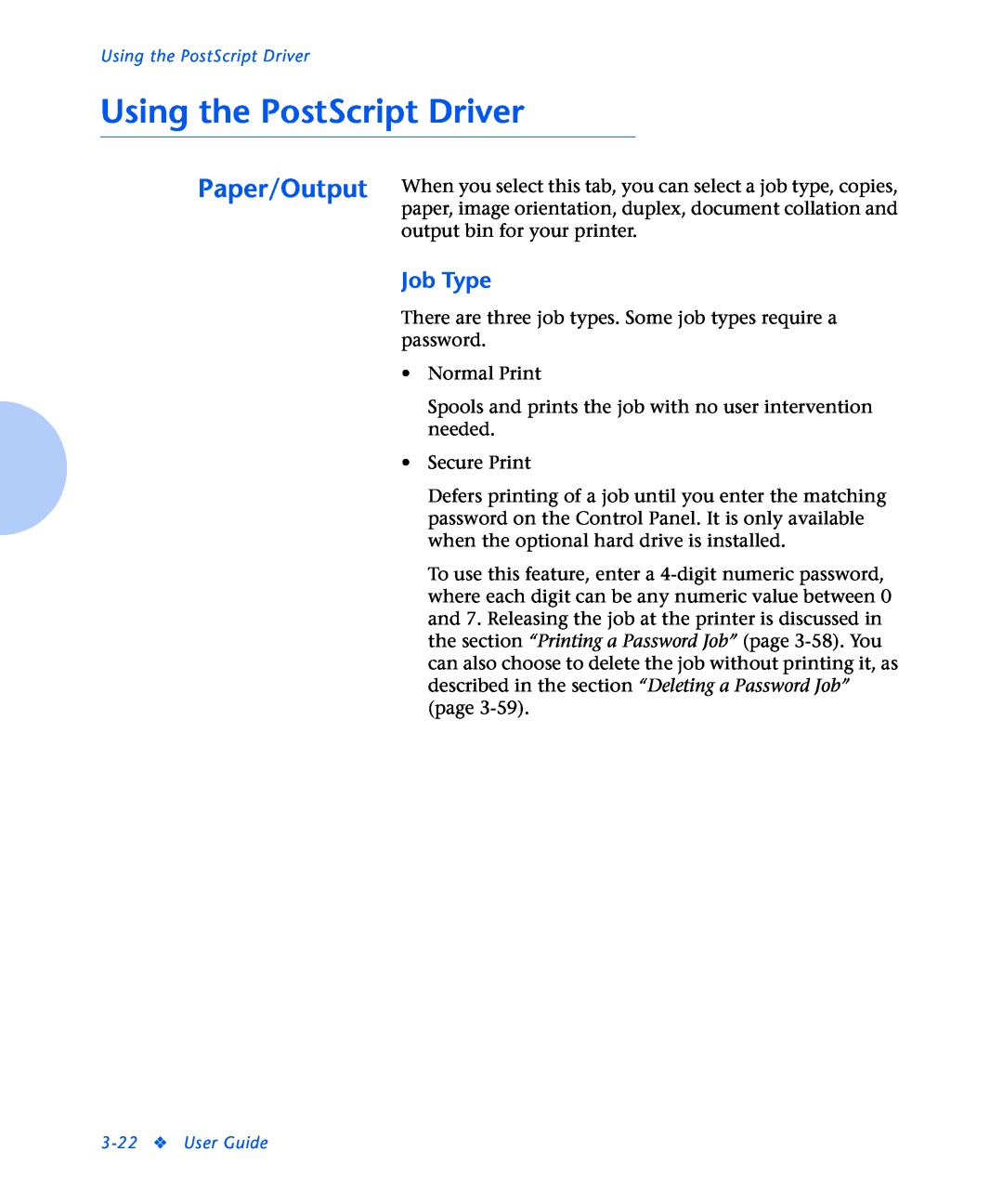 Xerox N2125 manual Using the PostScript Driver, Job Type, User Guide 