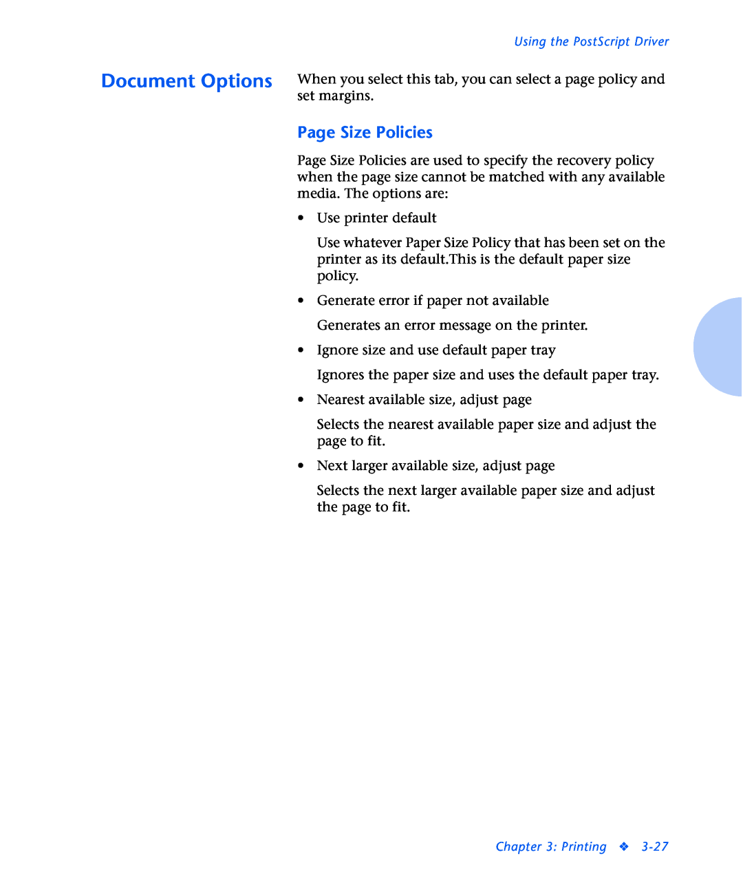 Xerox N2125 manual Page Size Policies 