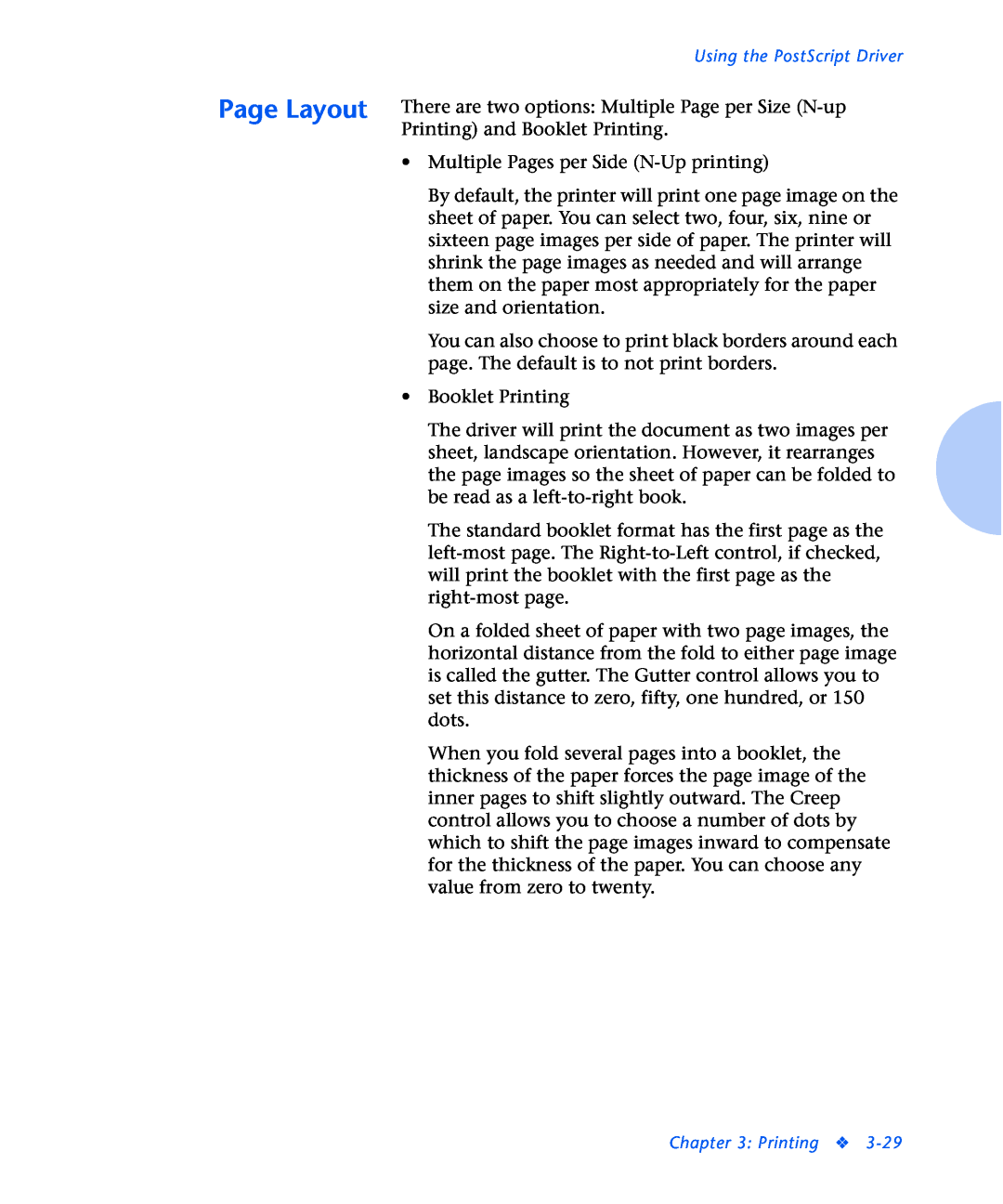 Xerox N2125 manual Page Layout There are two options Multiple Page per Size N-up 