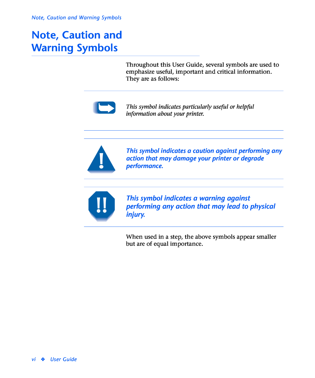 Xerox N2125 manual Note, Caution and Warning Symbols, vi User Guide 