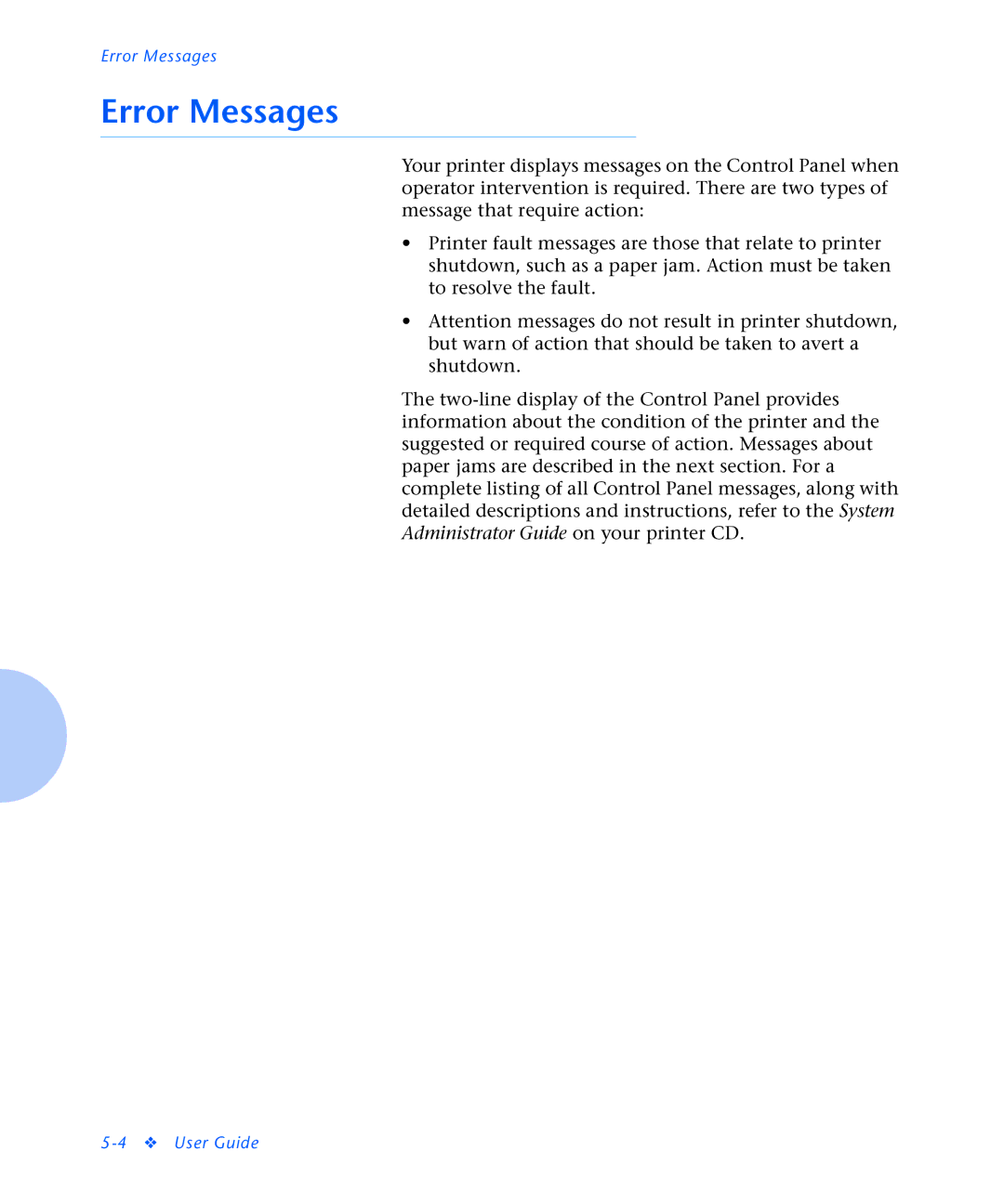 Xerox N2125 manual Error Messages 