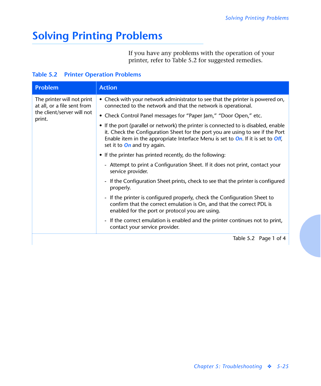 Xerox N2125 manual Solving Printing Problems, Problem Action 