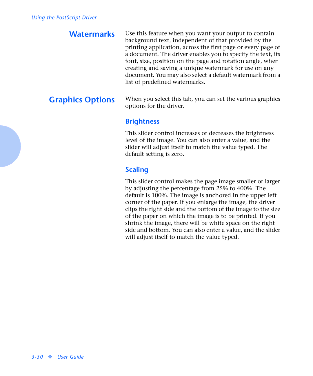 Xerox N2125 manual Graphics Options, Brightness, Scaling 