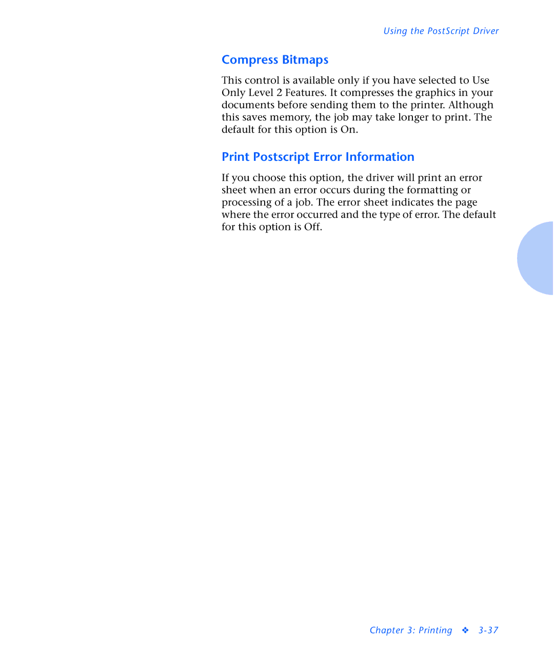 Xerox N2125 manual Compress Bitmaps, Print Postscript Error Information 