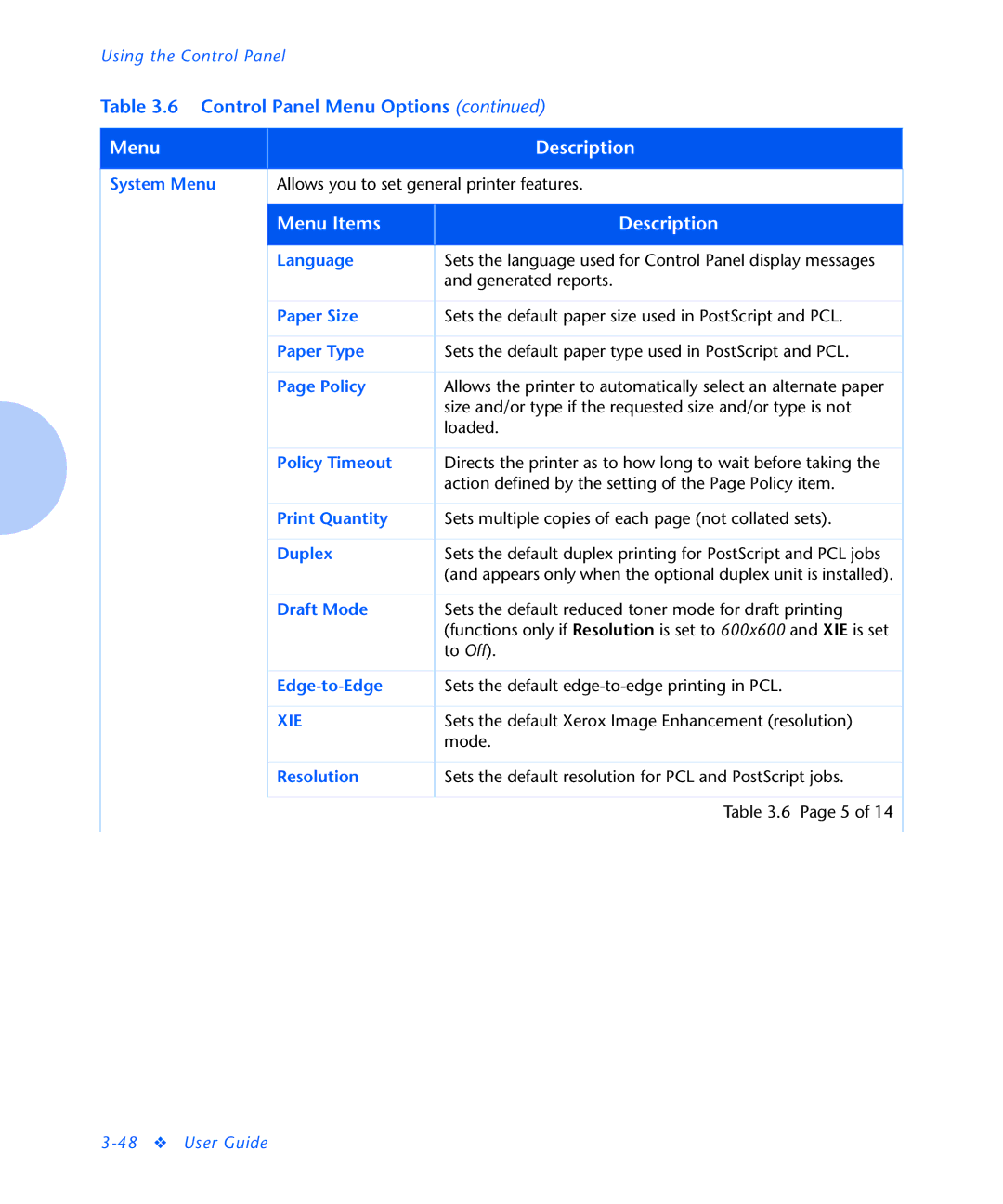 Xerox N2125 System Menu, Language, Paper Size, Paper Type, Policy Timeout, Print Quantity, Draft Mode, Edge-to-Edge 