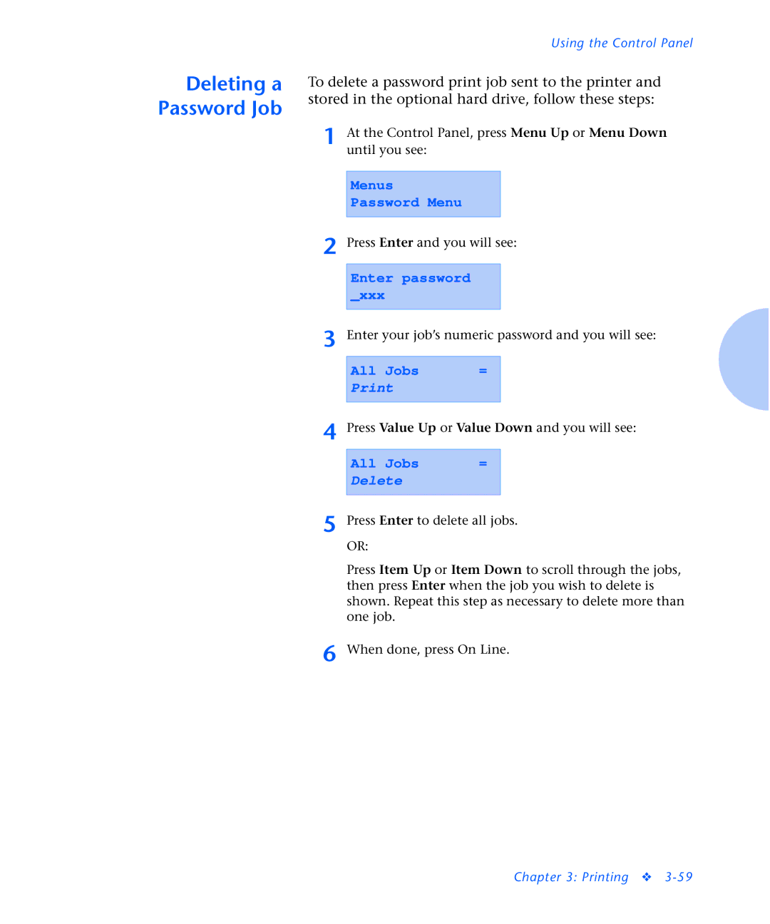 Xerox N2125 manual Deleting a Password Job 